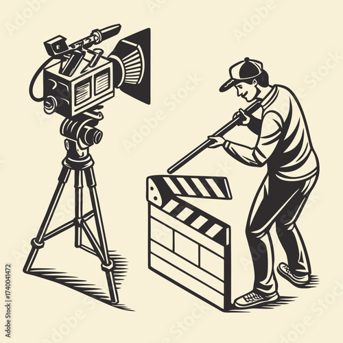 Film crew member working with camera equipment