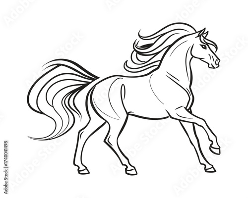 Elegant Horse Illustration Galloping with Flowing Mane and Tail Black and White Outline Drawing on White Background Art for Graphic Design Projects