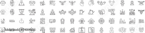 Future Technology Thin Line Icons AI, Robot, Smart City, Automation, Hologram, Digital Innovation Vector Set.