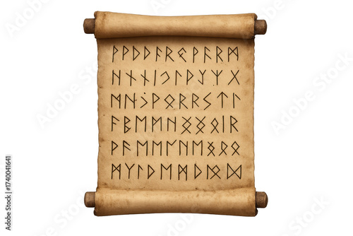 Old parchment scroll showing ancient runic alphabet