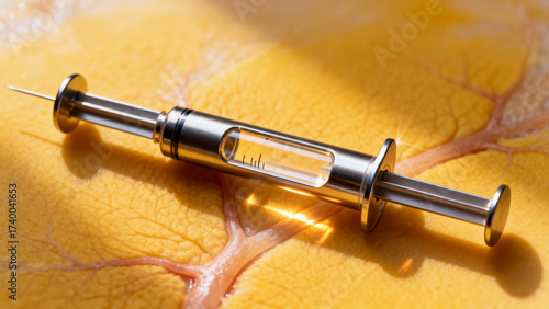 Metal syringe on yellow leaf surface