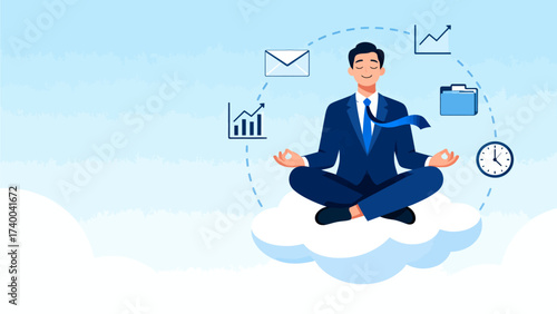 Businessman meditating on cloud with work icons