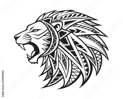 Roaring Lion Head Vector Illustration with Tribal Tattoo Design and Decorative Elements Isolated on White Background