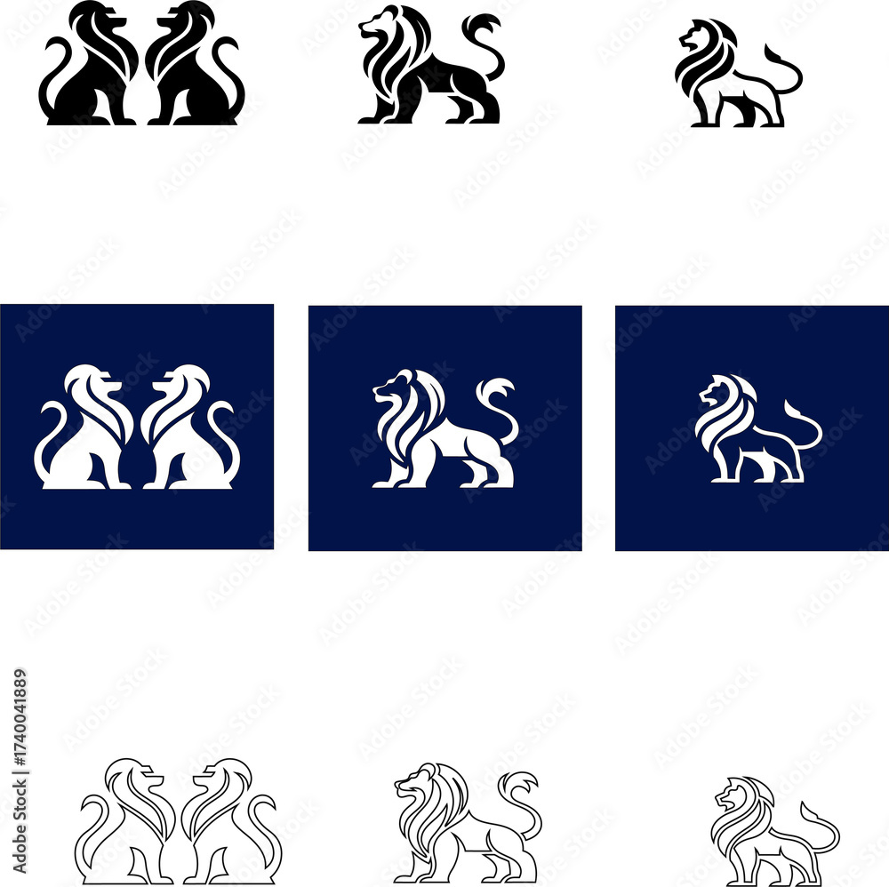 Fototapeta premium Majestic lion vector icons in silhouette and outline styles, perfect for adventure branding, tribal artwork, and corporate logos.
