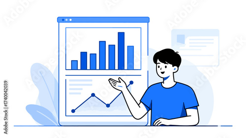 Man presenting data charts on screen