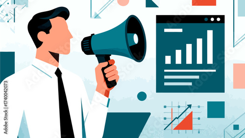 Man holding megaphone with data charts