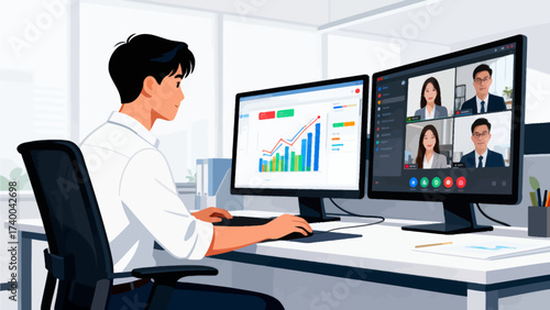 Man working at desk with dual monitors