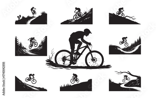 Mountain Bike Trail Silhouettes. Off-Road Cycling Action and Adventure Graphics.