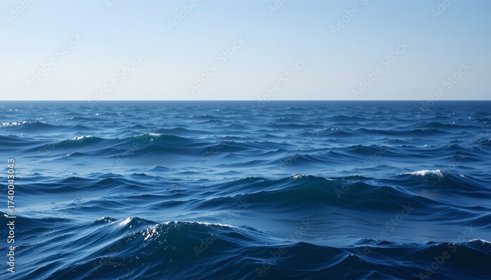 Fototapeta premium An expansive body of water under a clear sky, displaying rippling waves that hint at recent winds.