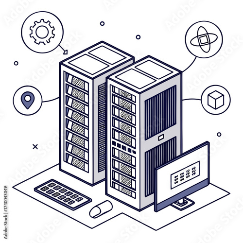Isometric illustration depicting a server room setup with servers, monitor, keyboard, and mouse, all interconnected, ideal for tech and data concepts