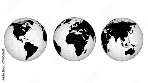 Black Silhouette Transparent Globe Set with World Map Rotation Icons on Transparent Background