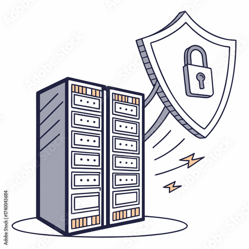 Isometric illustration of a server rack with a shield and padlock, represents data security, protection, and secure server infrastructure