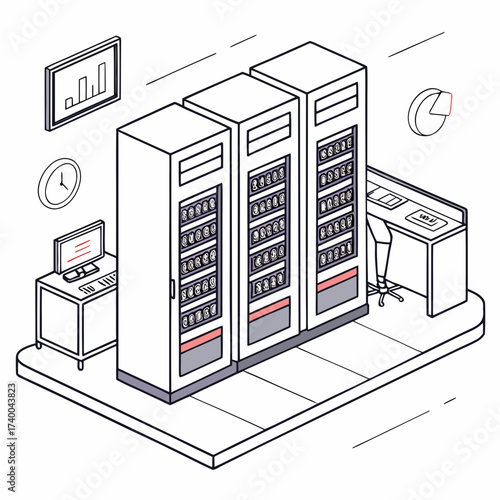 Isometric illustration of a server room with data storage racks concept of cloud computing, data center, hosting, and information technology