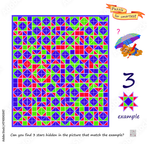 Star puzzle. Can you find 3 stars hidden in the picture that match the example? Game Seek and Find. Logic game with geometric illusions. Develop spatial thinking. Brain teaser book. Vector image.
