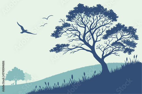 Eagle/Raptor Perched on Bare Branch Vector - Monochrome Line Art