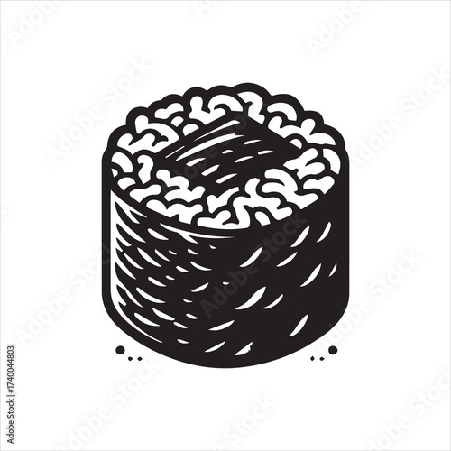 Bold Black and White Sushi Roll Illustration with Unique Artistic Details.