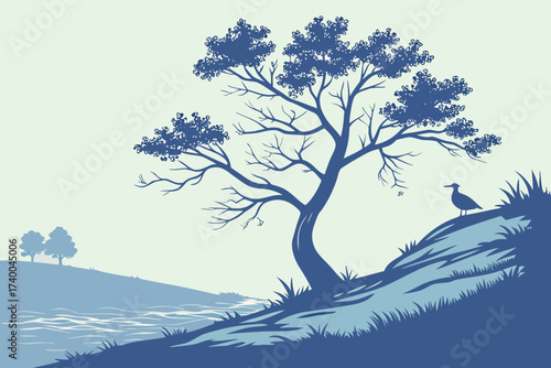 Green Rolling Hills and Wildflowers Vector - Cartoon Meadow Landscape