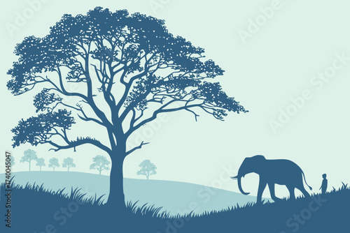 Man and Eagle/Raptor under Bare Tree Vector - Monochrome Silhouette Graphic