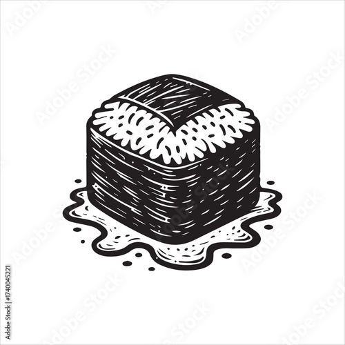 Bold Black and White Sushi Roll with Artistic Sauce Detail.