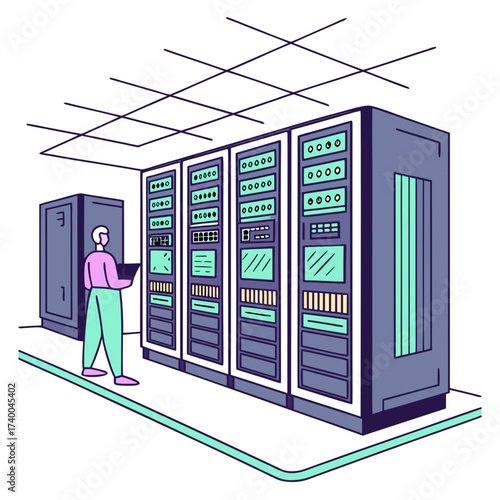 A server room with a person standing in front of a rack of servers, holding a laptop the room is white and the servers are blue and green