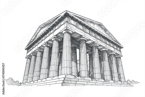 Line art sketch of ancient Greek temple with Doric columns and pediment architecture building
