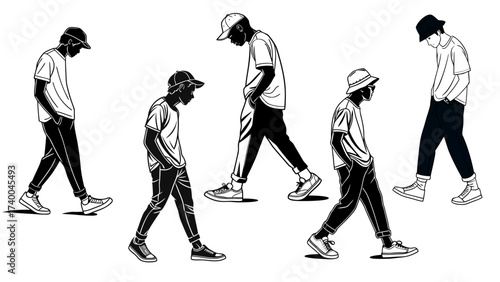 casual young men silhouette : walking together in streetwear silhouette illustration