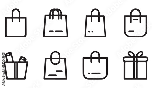 Minimal vector set of shopping bag and basket icons for online commerce and product design.