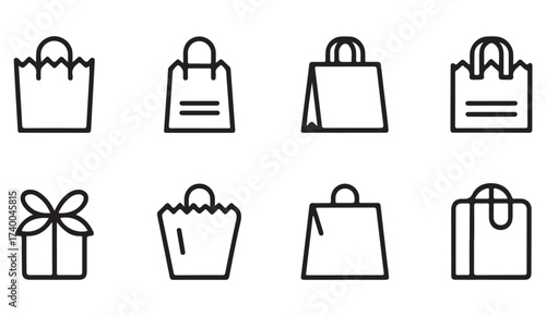 Shopping and retail line icon collection with bags, carts, and packaging symbols in vector style.