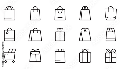 Outline illustration pack featuring paper bags, grocery totes, and consumer shopping symbols.