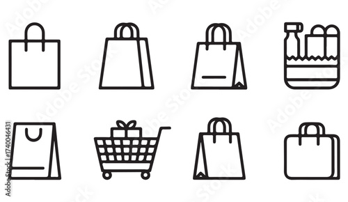 Collection of shopping bag and cart outline icons for retail, store, and e-commerce design themes.