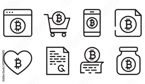 Outline icon set of Bitcoin wallets, crypto transactions, and virtual finance for fintech themes.