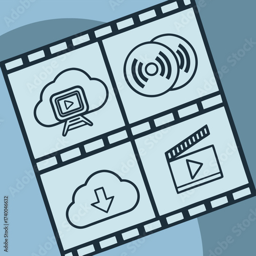 Digital media icons on film strip background
