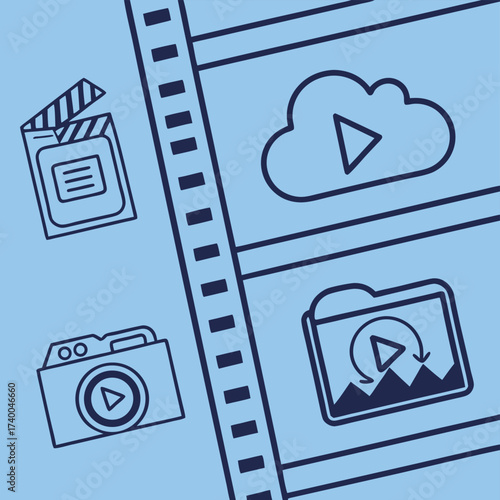 Digital media icons on filmstrip background
