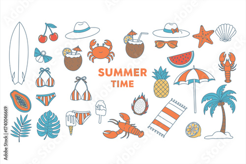 Summer time collection of beach vacation icons and elements holiday travel