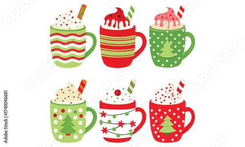 Christmas Hot Cocoa Mug Clipart Set - Red and Green Candy Cane Cups
