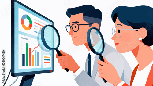Two people examining data charts with magnifying glasses