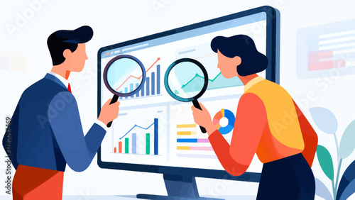 Two people analyzing data charts with magnifying glasses