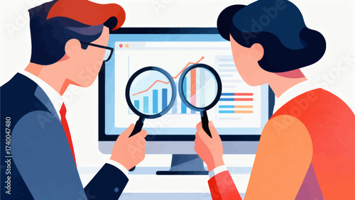 Two people analyzing data on computer screen