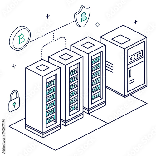 Secure bitcoin data center with servers lock and shield icon representing cryptocurrency security and blockchain technology infrastructure