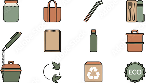 Ready-to-Use Zero-Waste Office Icons – Reusable Jar, Tote Bag, Water Bottle, Cutlery – Simple Eco Essentials for Daily Use