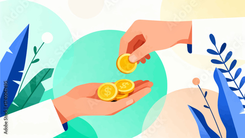 Hand giving gold coins to another hand