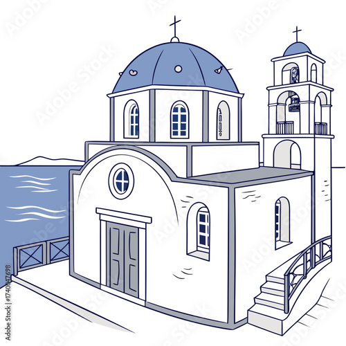 A picturesque greek orthodox church, , with its iconic blue dome and whitewashed walls, stands majestically against the backdrop of the aegean sea, embodying serenity