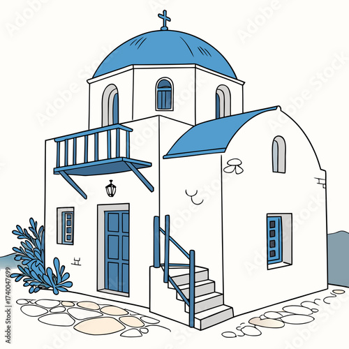 A charming illustration of a traditional greek orthodox church with a blue dome, showcasing its unique architecture and cultural significance