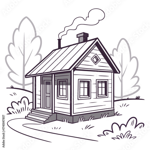 A charming country house with a smoking chimney, surrounded by trees and bushes, , creating a peaceful and idyllic scene of rural living and natural beauty