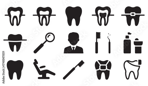 Outline illustration set of dental treatment symbols for oral hygiene, dental clinic, and tooth care concepts.