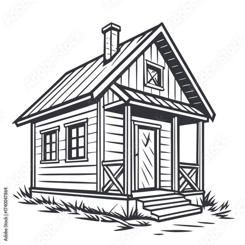 A captivating monochrome illustration presents a cozy wooden cabin with a welcoming porch, embodying a sense of rustic charm and inviting countryside living