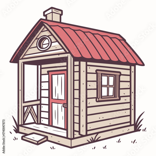 A quaint wooden shed with a red roof, , creating a simple and charming scene of rural life and rustic architecture, perfect for storage or a small workshop