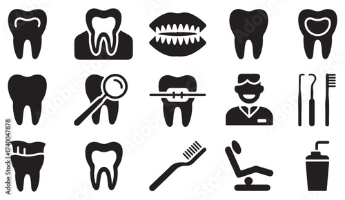 Dental care and hygiene icon pack showing molars, toothpaste, braces, and medical tools for health design.