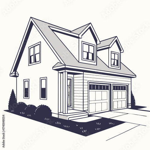 An architectural drawing of a modern suburban house with a double garage, showcasing clean lines and contemporary design elements