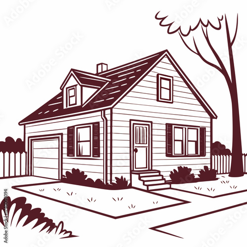 A detailed line drawing of a classic suburban house with a garage and wellmanicured lawn, a timeless representation of the american dream